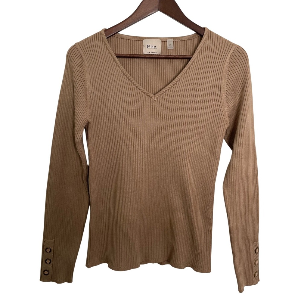 Elie Tahari Women L Camel Ribbed Knit V Neck Sweater Grommet Cuff Quiet Luxury